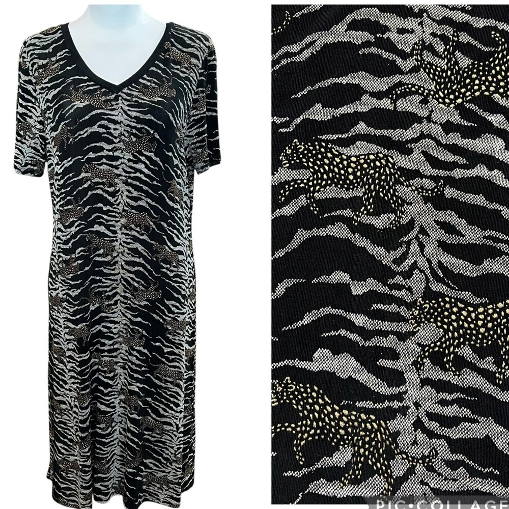 Vintage Midi Dress Size Large Stretch Metallic Leopard Cheetah Zebra Print